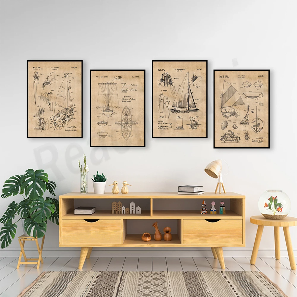 Vintage sailing boat patent print poster, sailor gift, yacht anchor, ship wheel, sailing plan, nautical wall art, canvas paintin