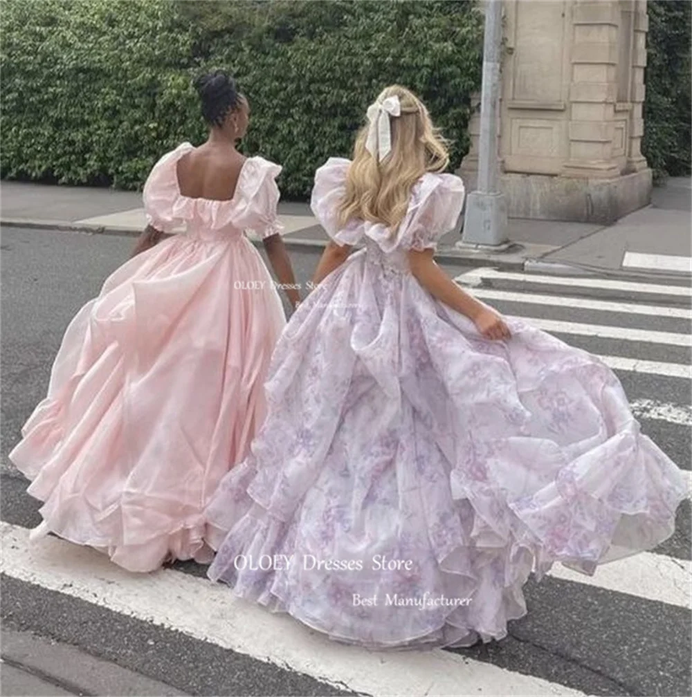 OLOEY Long Evening Dresses Princess Prom Dresses Formal Floor Length Ruffles Ruched Birthday Gowns Puff Sleeves Graduation Dress