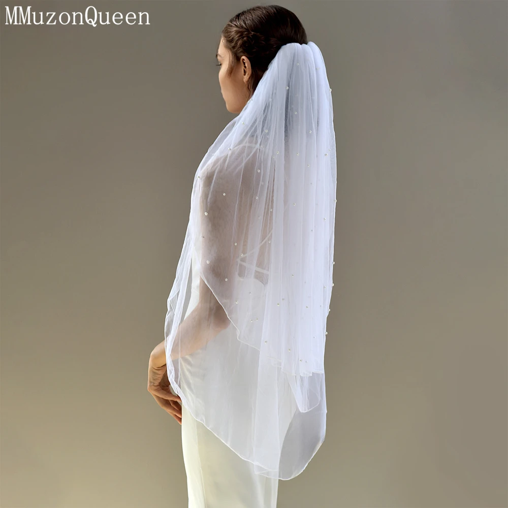 MMQ Pearl Bridal Veil 2 Layers Refers To Long Wedding Accessories White Soft Tulle Lady Birthday  tocados de boda novia M07