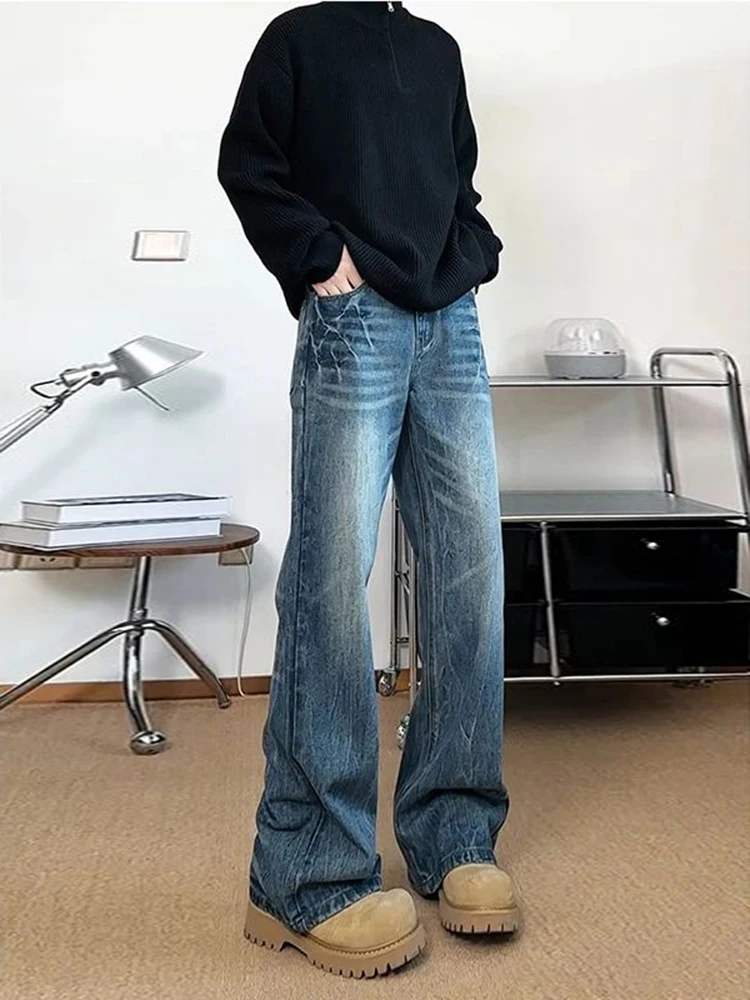 

Мужские джинсы свободного прямого кроя, цвета ледяной синевы, с узором в виде молнии, в американском уличном стиле, осенне-зимние рабочие брюки