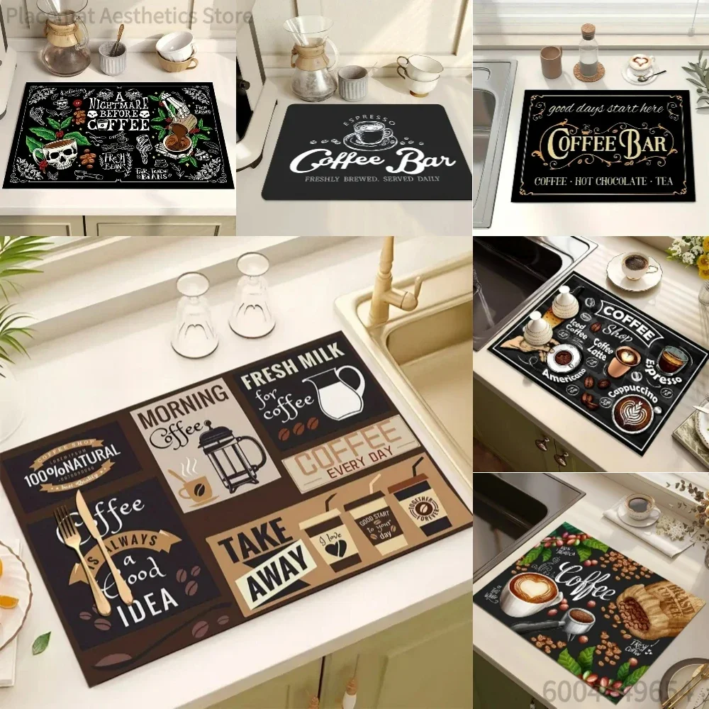 Coffee Pattern Diatom Mud Pad Multi-Functional Dishwashing Mat Absorbent Wear-resistant Coffee Machine Mat Kitchen Table Decor