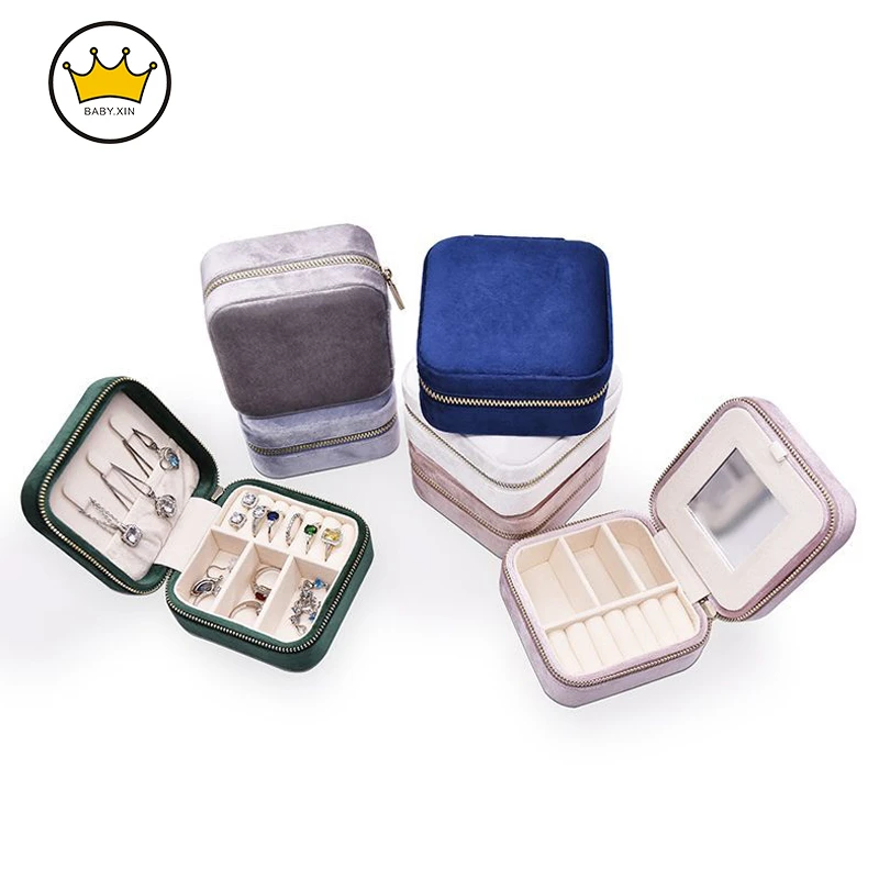 

Velvet Square Zipper Jewelry Storage Box with Mirror Makeup Ring Earrings Display Collection Box Traveling Portable Jewelry Box