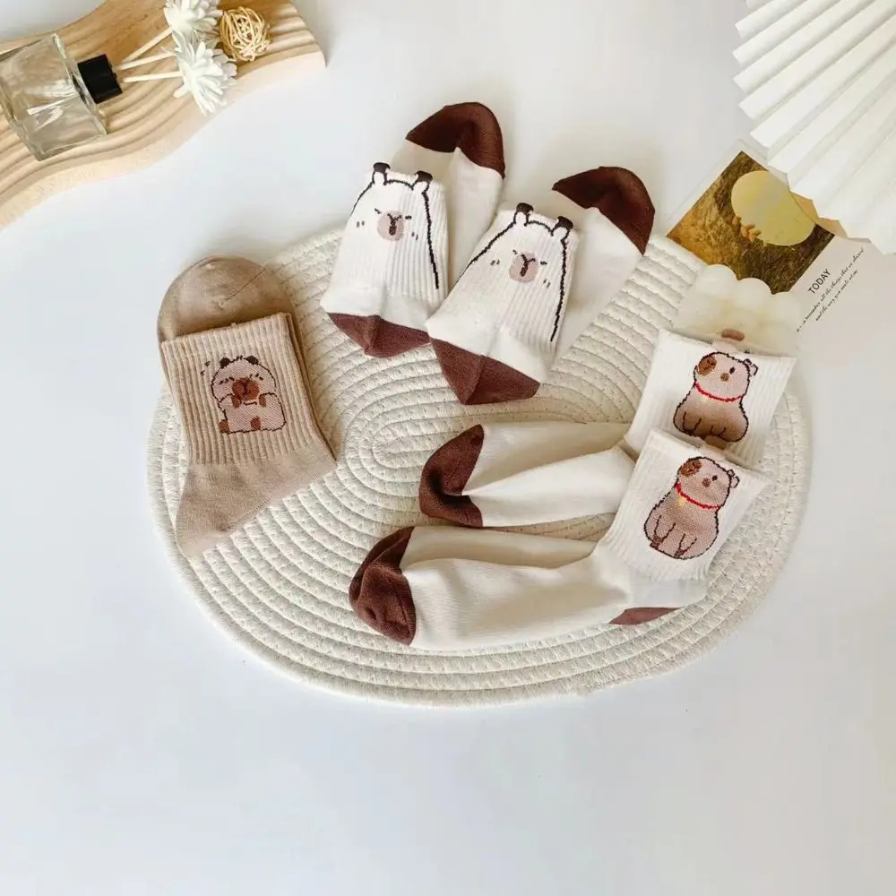 5Pairs Ins Mid-calf Capybara Socks Patchwork Stripe Cartoon Socks Cute Cotton Tube Socks Women Girls