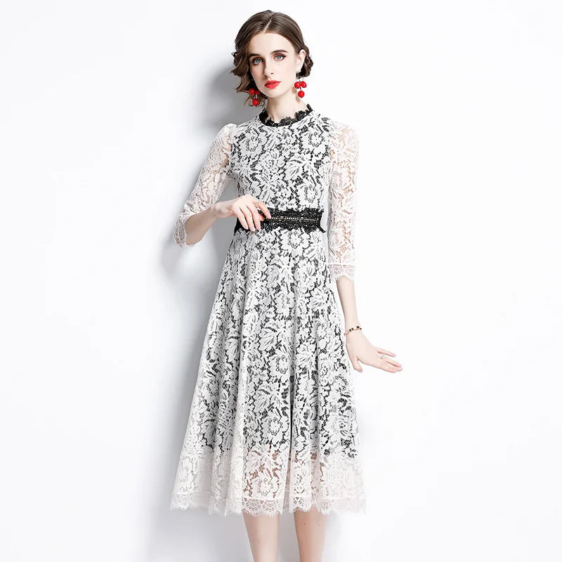 

Autumn Elegant Flower Lace Party Dress Women's Vintage Stand Collar Hollow Out High Waist Work Floral Crochet Midi Dresses