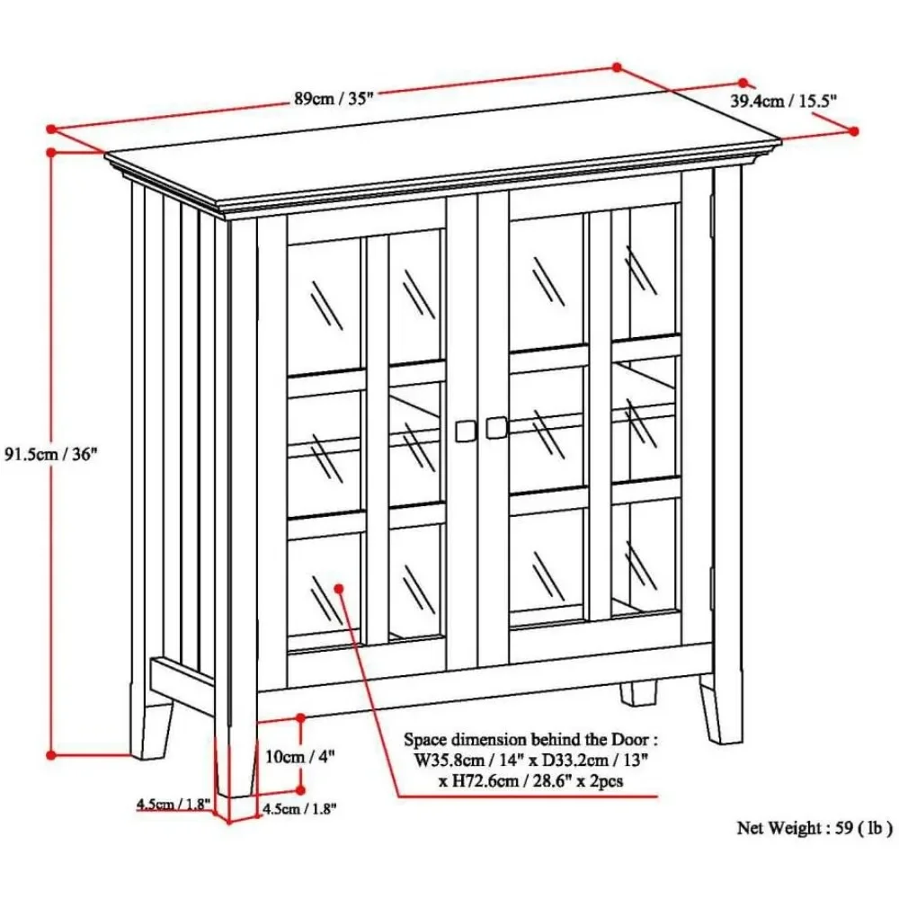 Acadian SOLID WOOD 35 Inch Wide Transitional Low Storage Cabinet in Brunette Brown Blind Box 2 Adjustable Shelves With 2 Doors