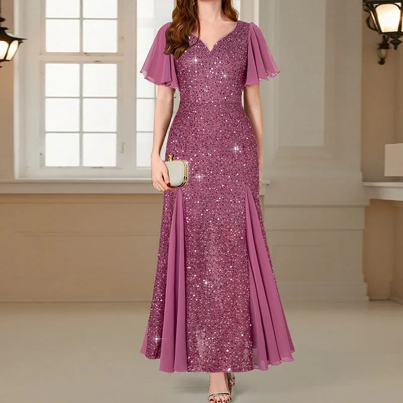 Fashion Glitter Sequins Shiny Evening Dress Women Spring High Waist Patchwork Mesh Long Dress Summer Butterfly Sleeve Boho Dress