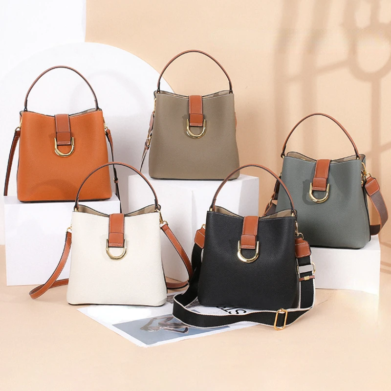 

Genuine Leather Bucket Bag Women's Handbag 2022 New Crossbody Bag Fashion Color Contrast Versatile Large Capacity Shoulder Bag