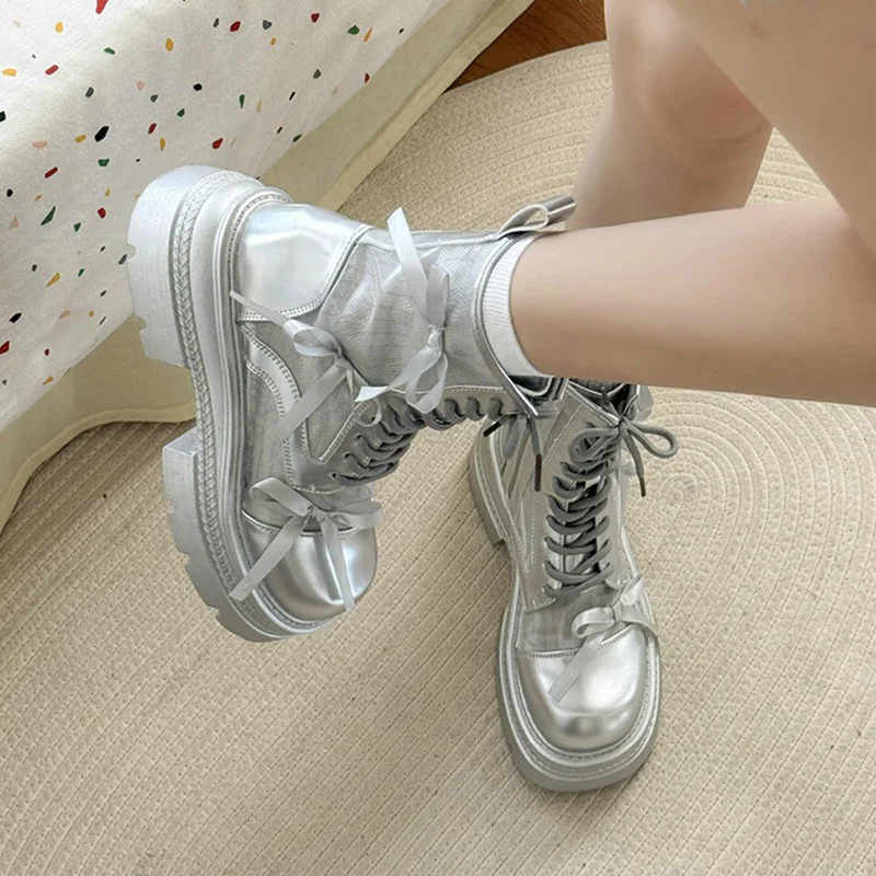 Rock Shoes Woman Summer Boot Boots-Women silver Lolita Mid-Calf Riding 2024 Ladies Sandals Motorcycle boots Shoes Summer Boots W