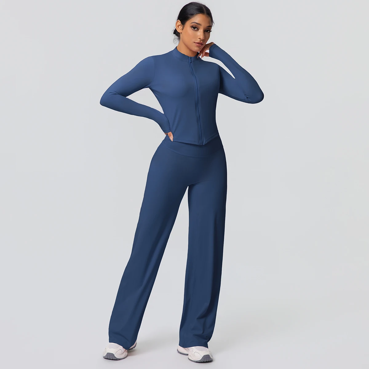 2 stück Schnell Trocknend Sport Fitness Kleidung Yoga Set Frauen Yoga Zipper Lange Ärmel Hohe Taille Atmungsaktive Breite Bein Hosen set – Detail 20
