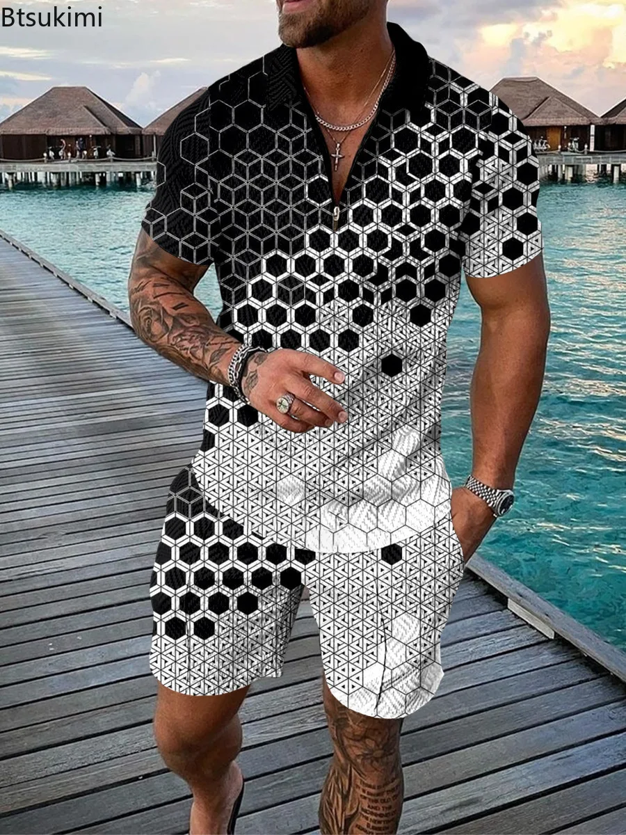 

Hot Sale New Men's Fashion Printed Two Piece Sets Half Zipper Short Sleeve Polo Shirt and Shorts Casual Suit Men Trend Tracksuit