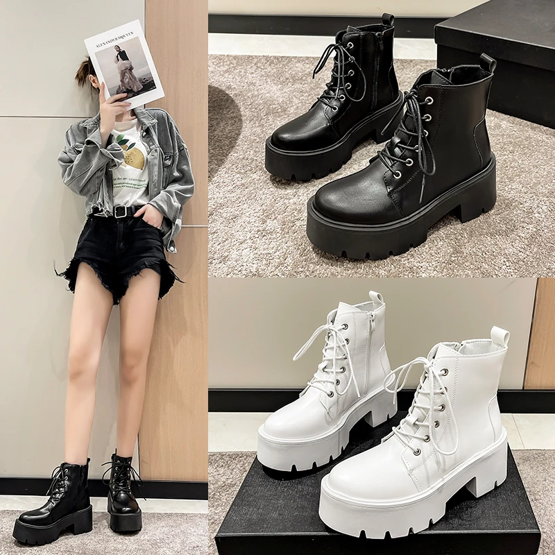 

2024 New Ankle Boots Woman Winter Platform Thick High Heels Black White Punk Motorcycle Combat Short Booties Goth Shoes Women