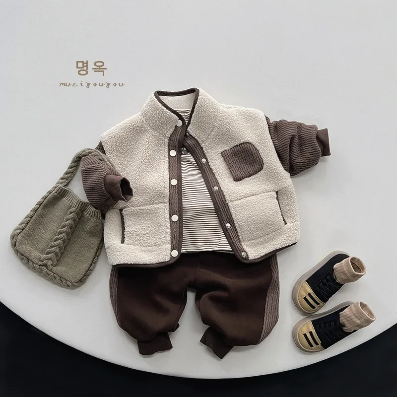 Autumn Winter Children Thicken Plush Warm Coat Casual Kid Patchwork Long Sleeve Tops Boy Girl Baby Fleece Jacket Toddler Outfits