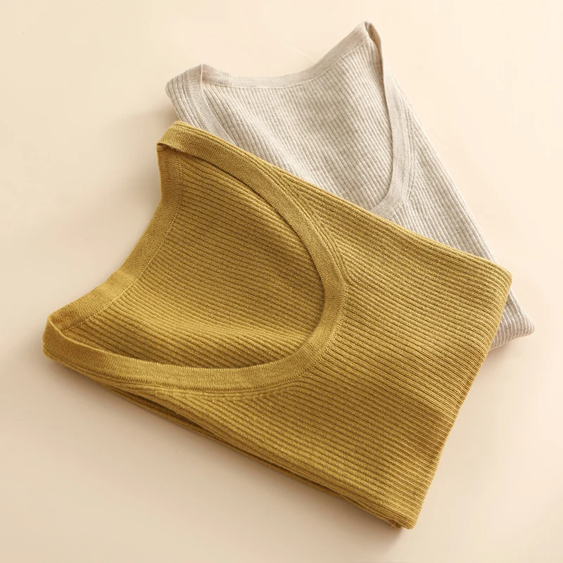 Spring/Summer New Women's U-neck Half sleeved Striped Sweater Slim Fit Mid sleeved Bottom Top Wool Knitted sweater