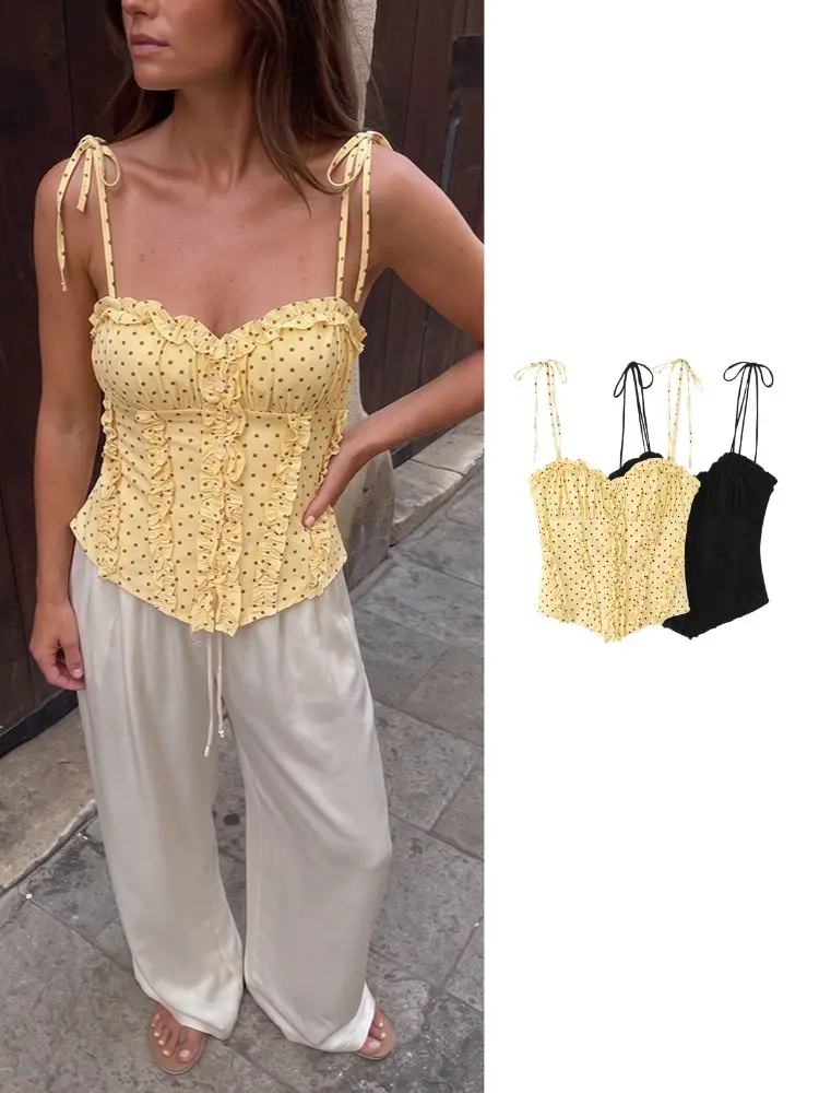 HH Elegant 2 Tone Ruffle Polka Dot Corset Crop TopSummer Self Tie Spaghetti Strap Front Button Slim Cami for Date Vacation Offic
