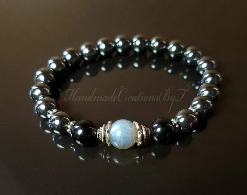 Labradorite, Black Tourmaline & Hematite Bracelet, 8mm Healing Jewelry, Men Women