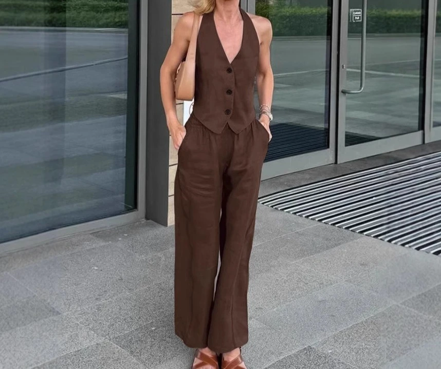 

Simple Commuting Vest Long Pants Two-Piece Set For Women's 2026 Summer Temperament V-Neck Set For Women's Wear