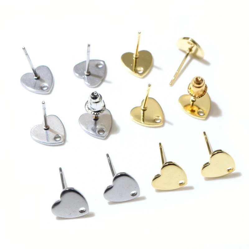 20pcs 8mm Heart 316 Stainless Steel Gold Plated Pin Findings Stud Earring With Hole Connector For DIY Jewelry Making Supplies