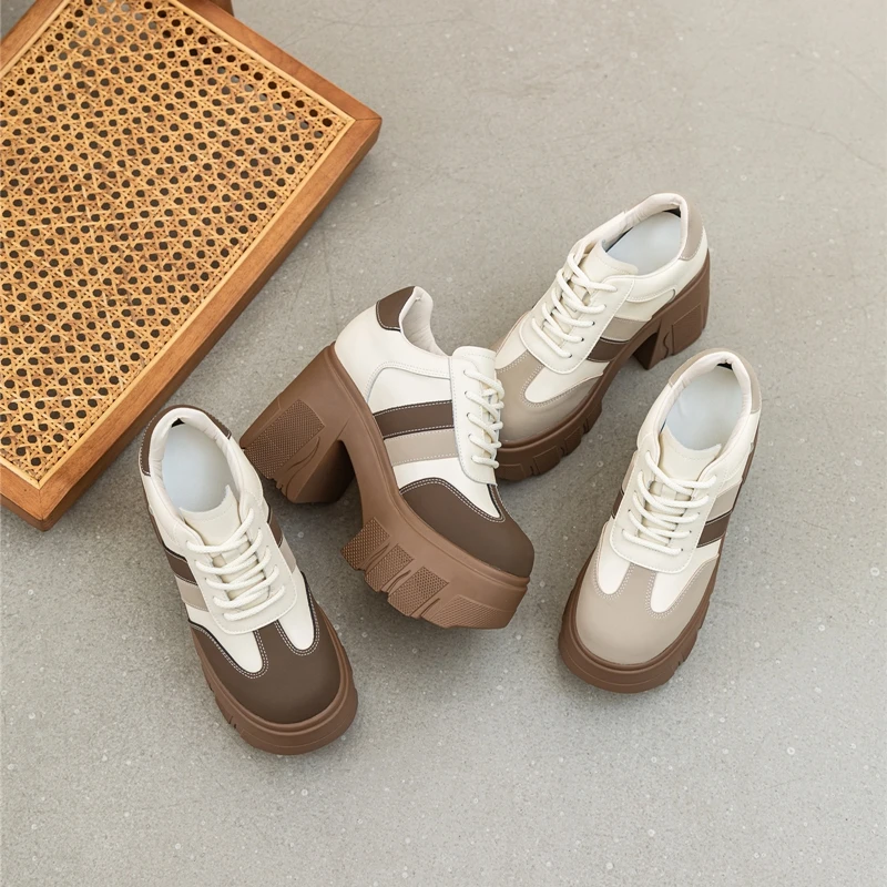 AIYUQI Women High Heels 2026 New Spring Genuine Leather Women Shoes Lace-up 11 Cm Height Color Matching Women Casual Shoes