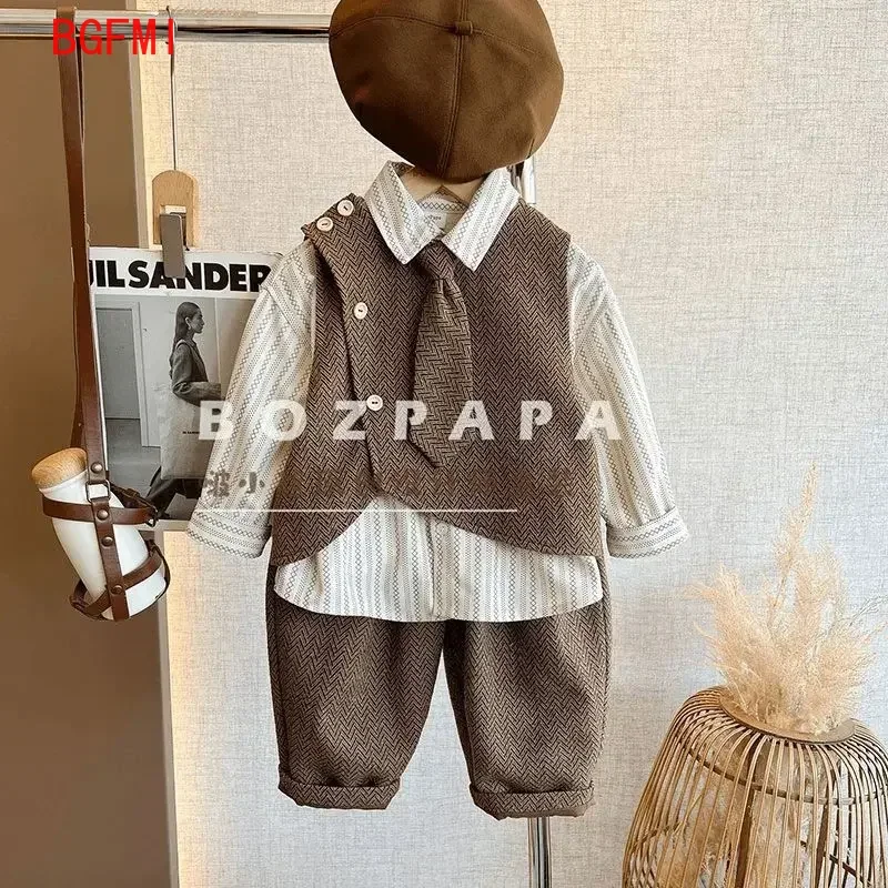 

Children's Korean Autumn Clothing Set 2025 Spring Autumn New for Boys Girls Baby Woolen Vest + Pants 2pcs Set or Shirt 3pcs Set