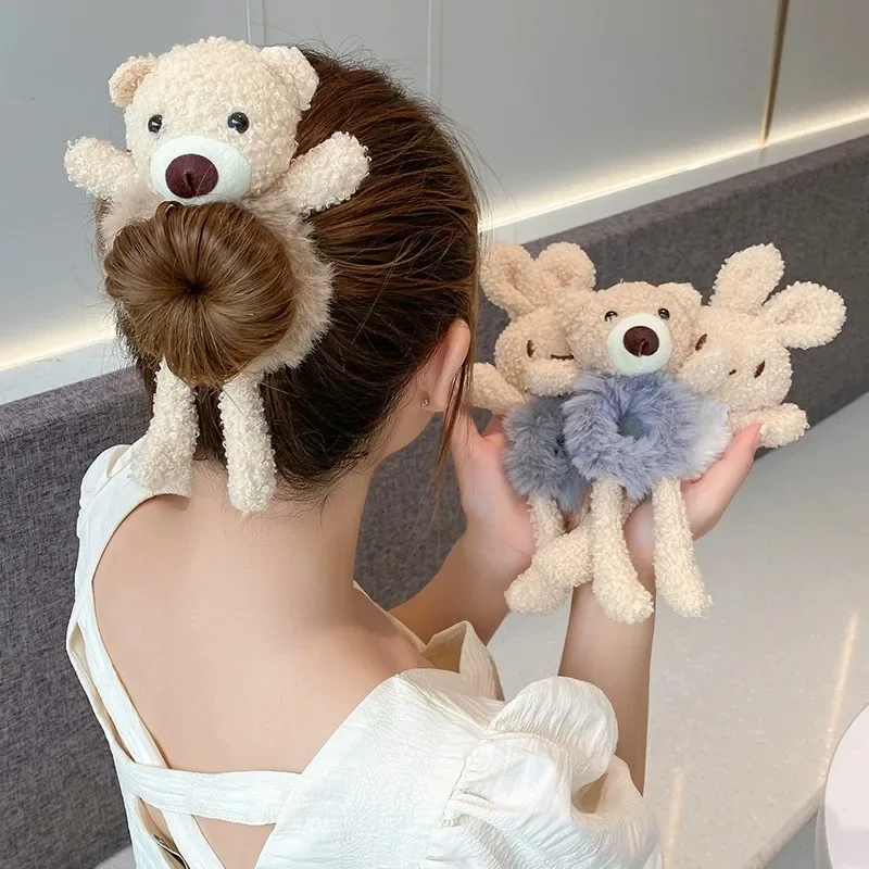 Winter Ponytail Ties Solid Color Scrunchie for Women Girl Plush Cute Rabbit Elastic Rubber Bands Headwear Chouchou Cheveux Femme