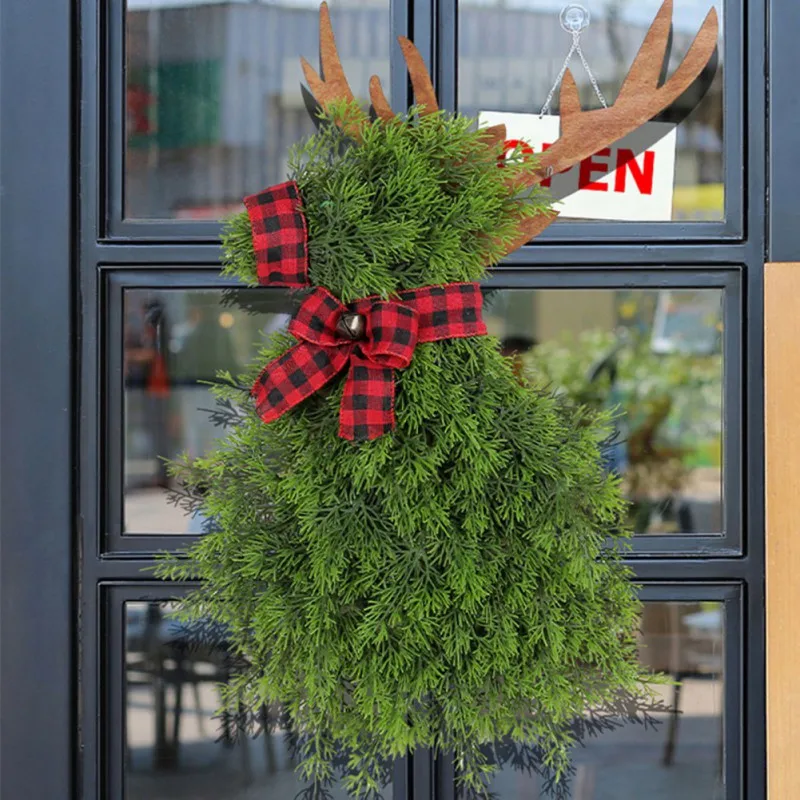 

Animal Deer Shape Christmas Wreaths Decoration Home Wall Wreath Xmas Outdoor Garland Artificial Pine Needle Elk Door Wreath