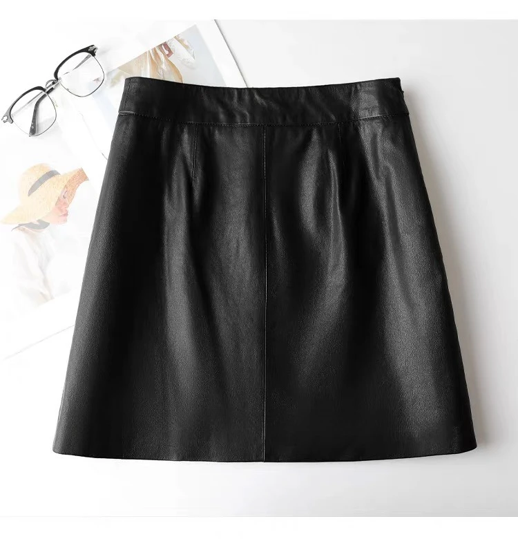 Minifalda de cuero auténtico para mujer, minifalda corta Sexy en forma de A con parte delantera, 100% de piel de oveja de gama alta, moda 2025