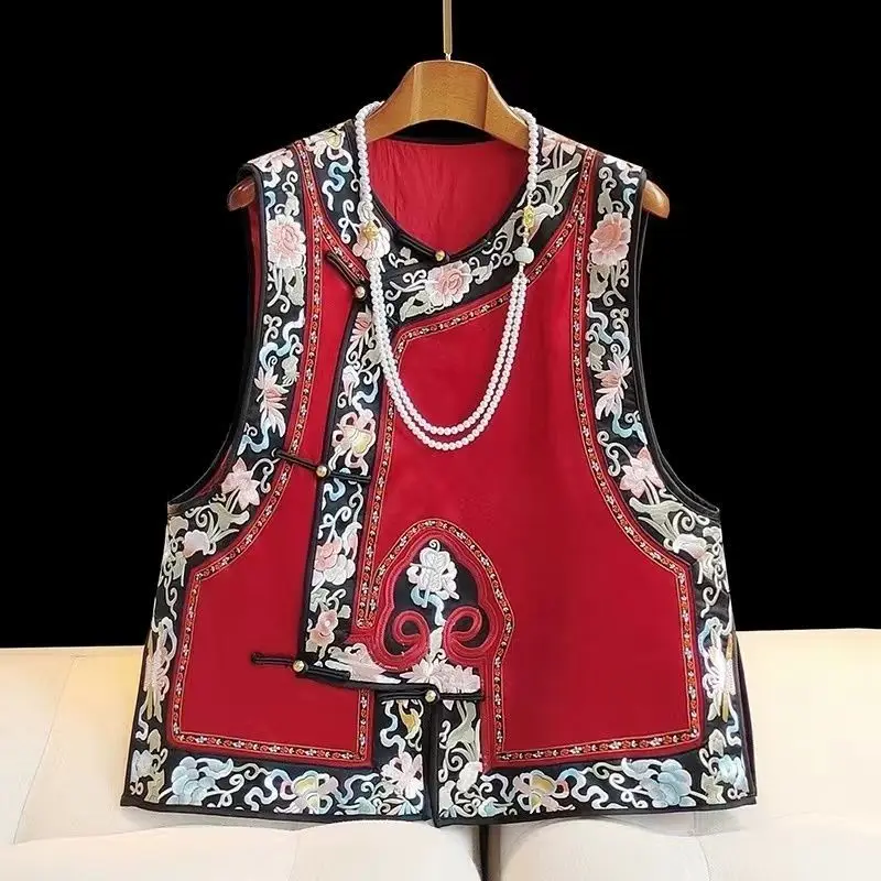 

Весна-лето, винтажное женское красное пальто без рукавов с цветочным узором в китайском стиле Тан, новые повседневные жилеты 2025 года, пальто для женщин