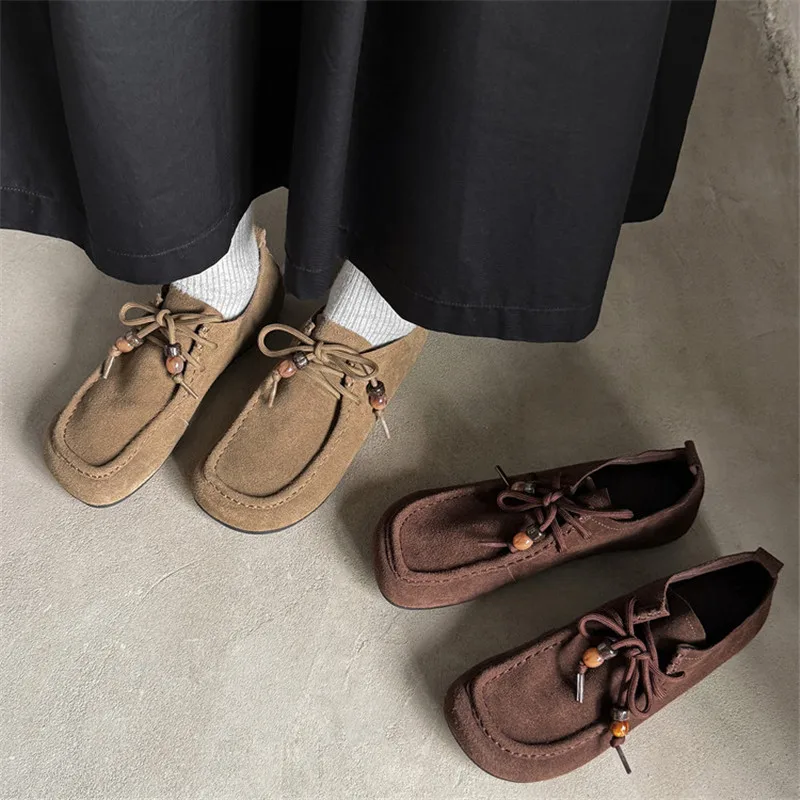 

New Spring/Autumn Cow Suede Women Shoes Fashion Round Toe Shoes for Women Flat Shoes Lace Women Pumps Leisure Loafers Handmade