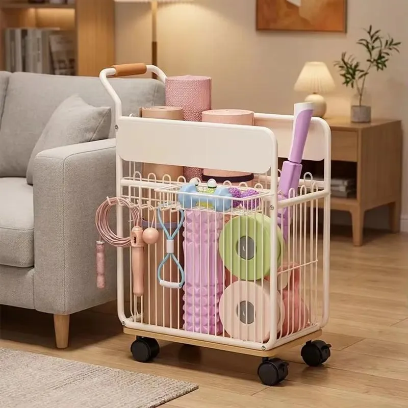 Modern Multi-compartment Standing Home Fitness Storage Rack with Removable Side Basket Yoga Mat Holder Trolley and Wheels