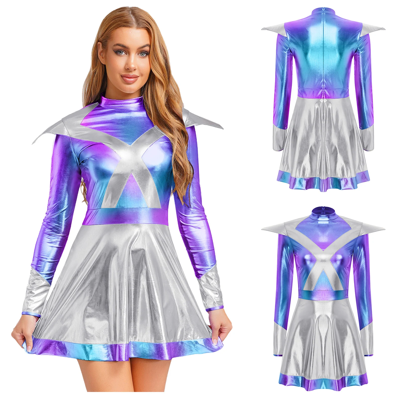 فستان تنكري لرائد الفضاء الغريبة للهالوين فستان معدني ثلاثي الأبعاد لامع على شكل حرف a فستان محارب الفضاء لحفلات الكرنفال #5