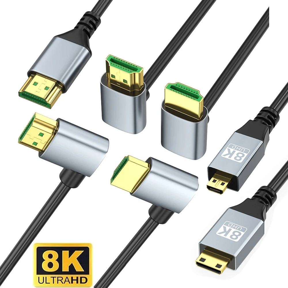 8K Mini/Micro HDMI-compatible to 90° Bend Up/Down/Left/Right Angle HDMI-compatible 2.1 Cable for DSLR Camera/PS5/PC/Monitor