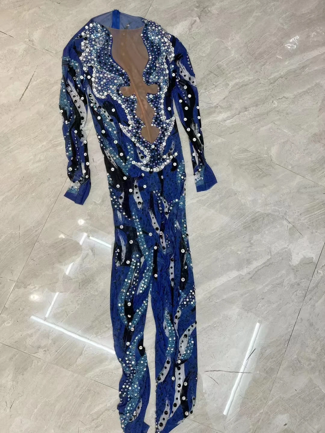 Print Low Cut Transparent Tight Jumpsuit Shiny Rhinestone Club Party Sexy Outfit Singer Stage Wear Nightclub Performance Costume