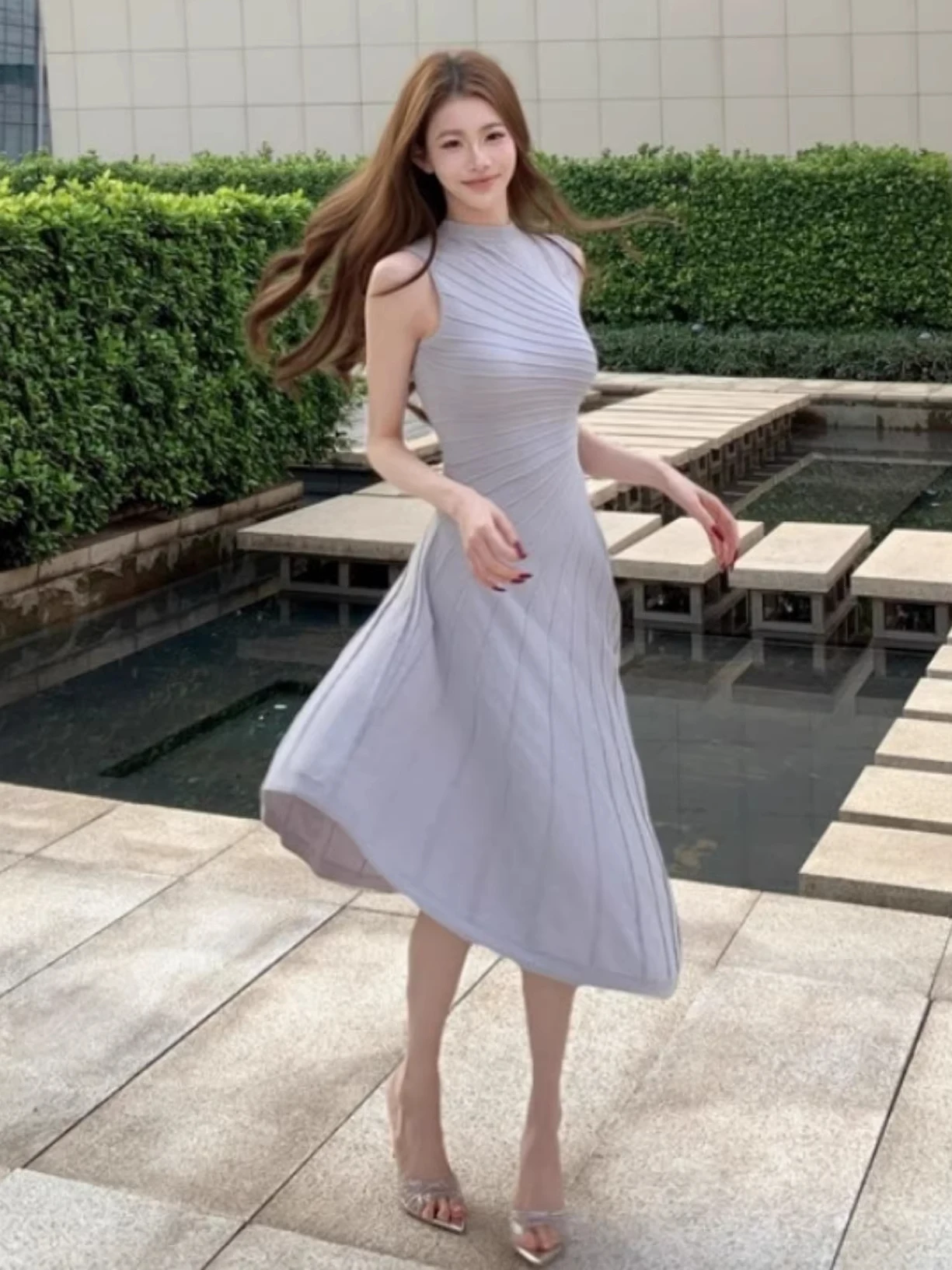 

Purple Irregular Knitted Sleeveless Dress Women's Early Spring Super Beautiful Personality Inner Wear Slim Long Skirt