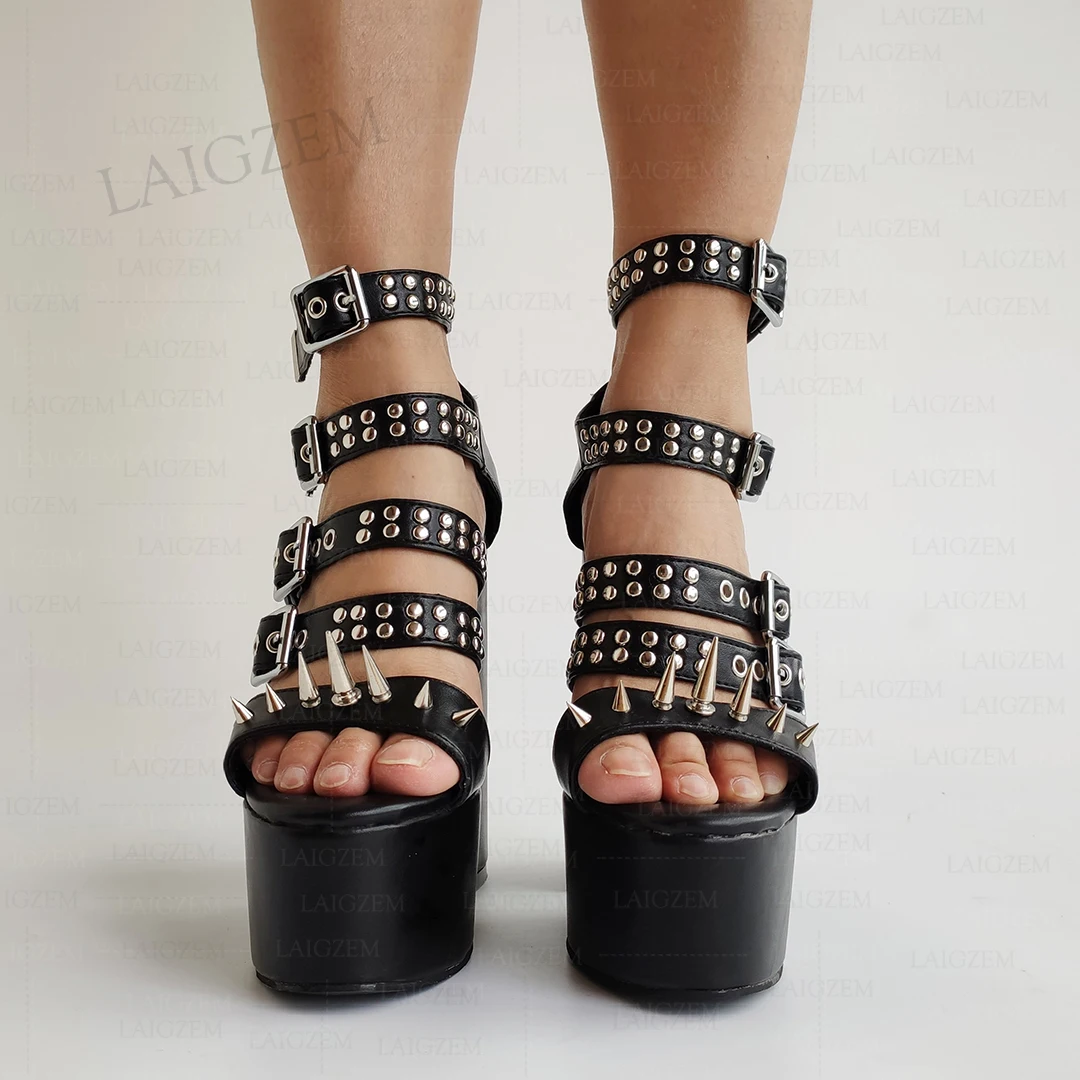 LAIGZEM Women Sandals Spikes Buckle Straps Chunky Square High Heels Sandals Party Punk Pumps Shoes Woman Large Size 38 41 44 47