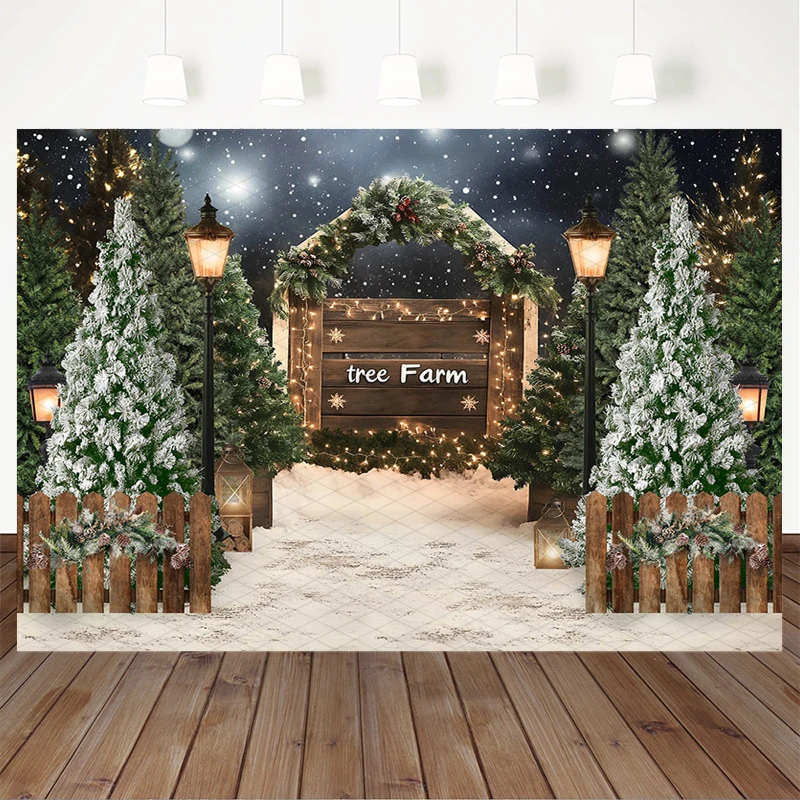 Mocsicka Christmas Tree Backdrop Washable Without Fading Winter Snow Farm Photography Background Green Forest Lamp Decors Banner