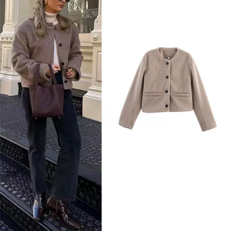 

ZS Autumn New Women's mat Sle Wool Blend round Ne Long Sve Single Button ort Jaet Coat Commute Straight Tube