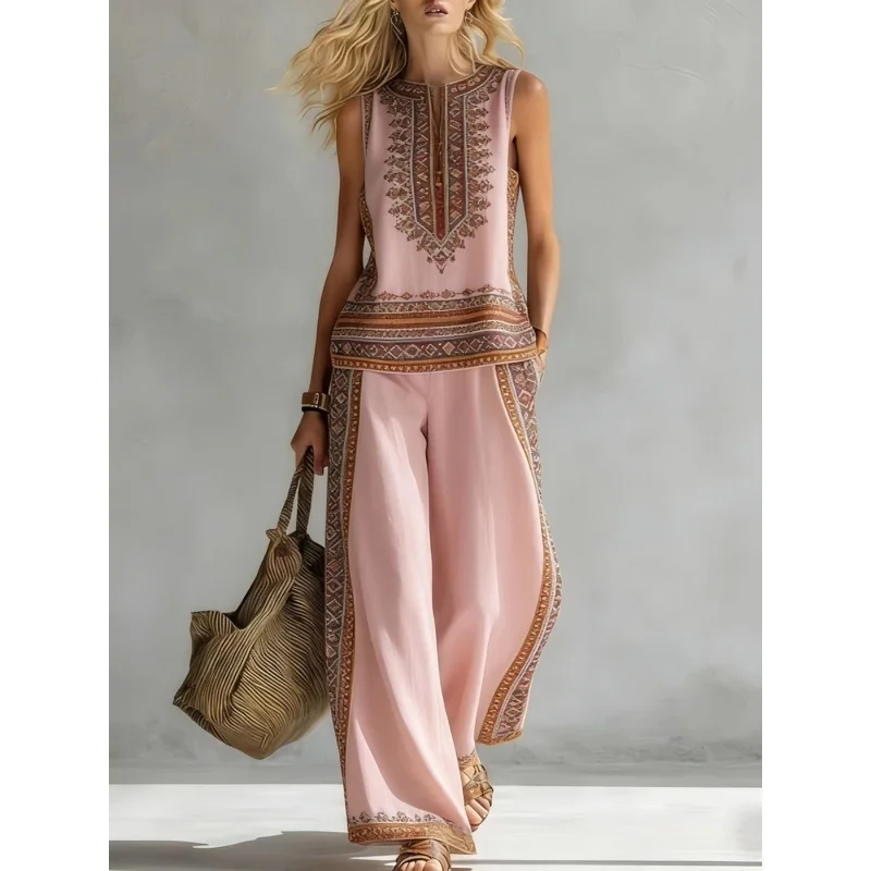 Fashion Retro Printed Sleeveless Tops Trousers 2-piece Set Women's Summer Casual Vest Loose Wide Leg Trousers Female Suit Pocket