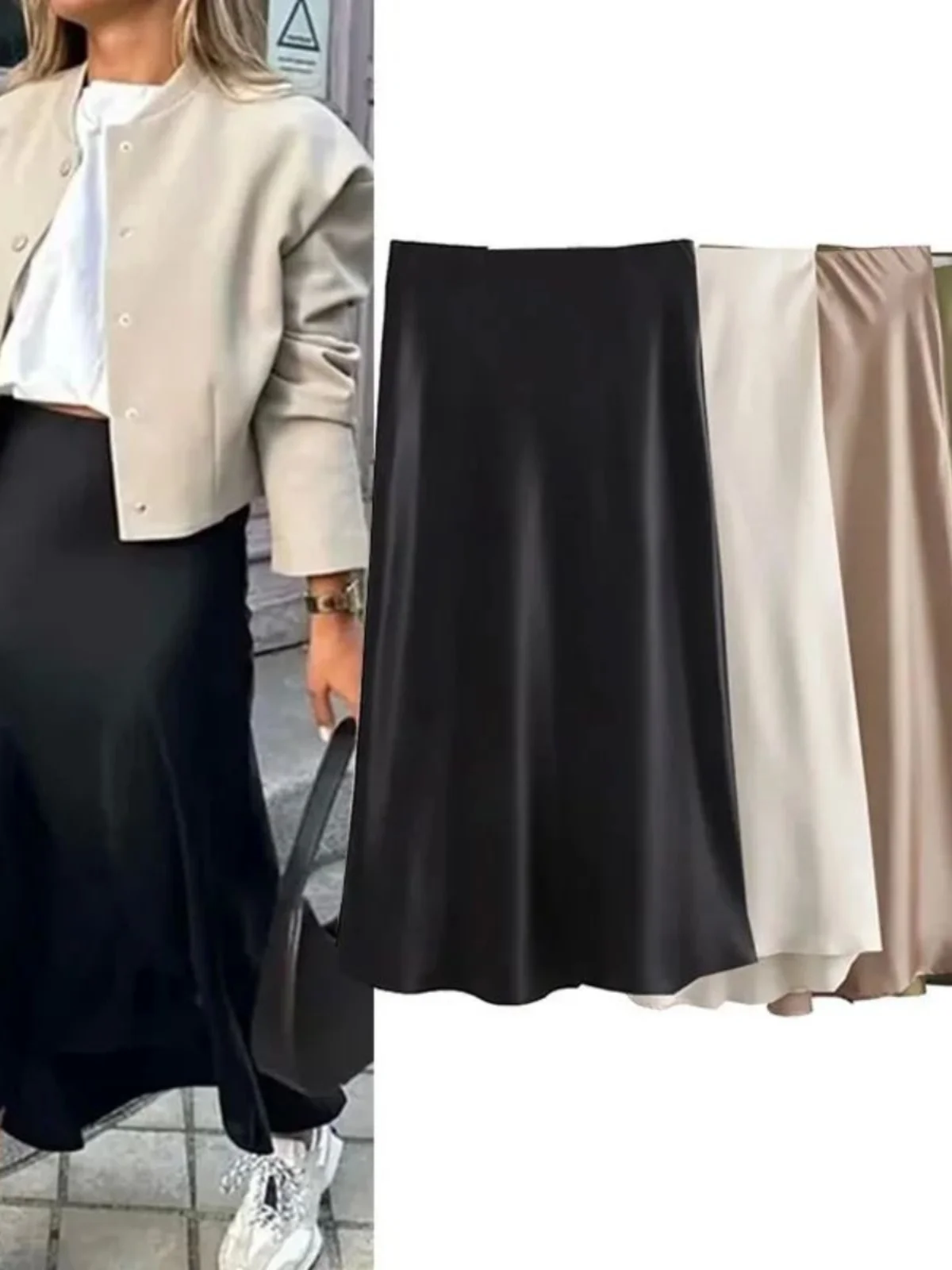 Długa spódnica midi z satyny z wysokim stanem, o kroju litery A, w stylu streetwear, dla młodych kobiet w wieku 20-tych lat, wyprodukowana w Chinach, dopasowana, jednokolorowa.