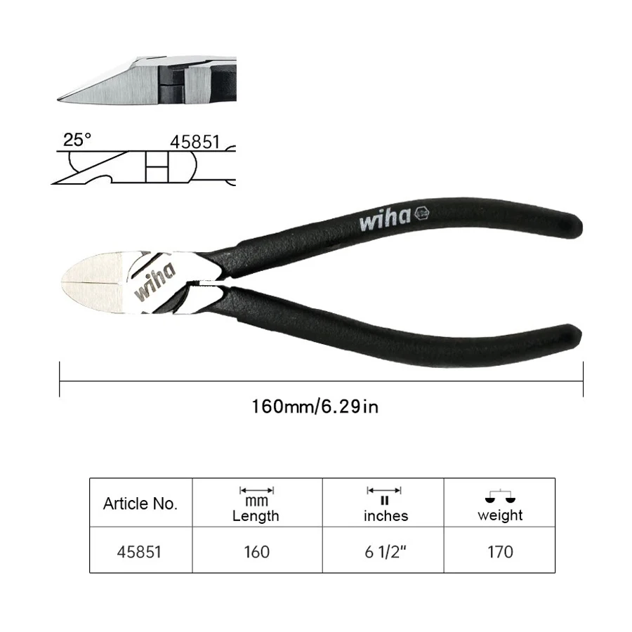 WIHA 45851 Classic Diagonal Plier 160mm Plastic Plier for Cutting Wires Cutting Hand Tool Repair Tool Black Forest Series