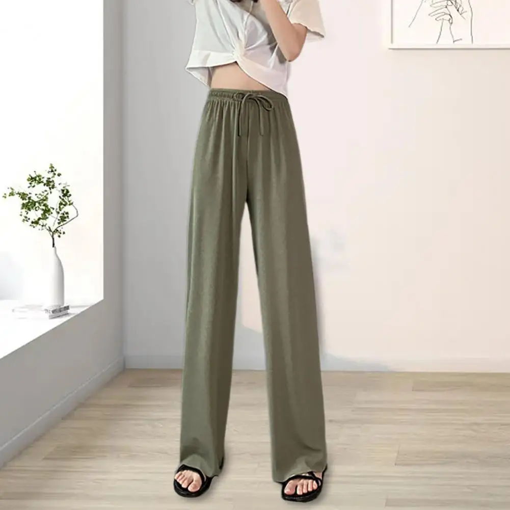 Elastic Waist Summer Pants Stylish Women's Ice Silk Wide Leg Pants with Adjustable Drawstring High Waist Solid Color for Daily