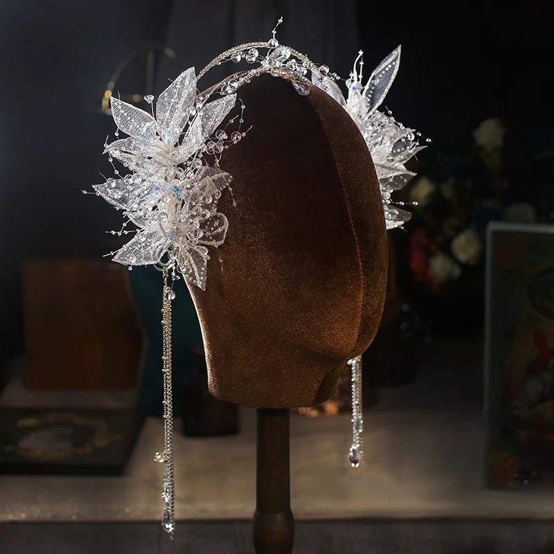 New Bride Headwear Saint Girl Crown Glass Tassel Hair Band Light Luxury Atmosphere Fairy Beauty Wedding Hair Accessories