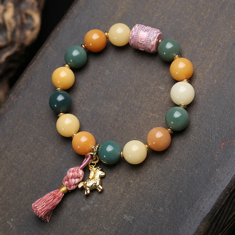 Natural Colorful Weathered Bodhi Root Round Bead Bracelet Single Loop China-Chic Vintage Ivory Fruit Carving Accessories - view 2