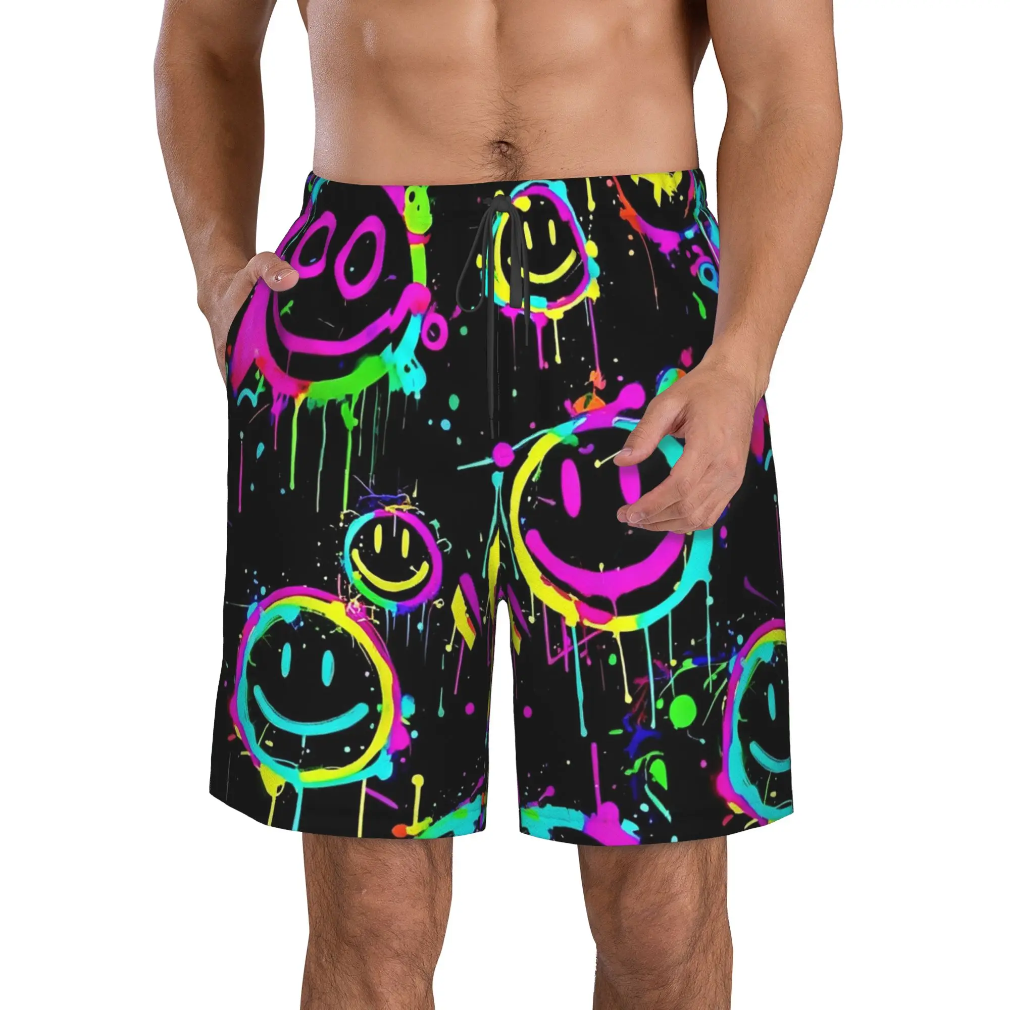 Neon Splash Smile Graffiti Print Trunks Beach Board Shorts Casual Quick Dry Swimming Summer Men Pants