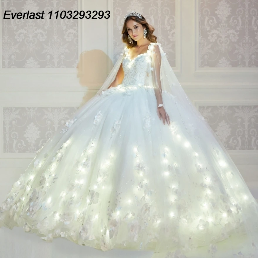 فستان EVLAST-Quinceanera برأس ، دانتيل زهور ثلاثي الأبعاد ، ثوب كرة أبيض ، مشد مكسيكي ، حلو 16 ، 15 ، De XV Años ، TQD191