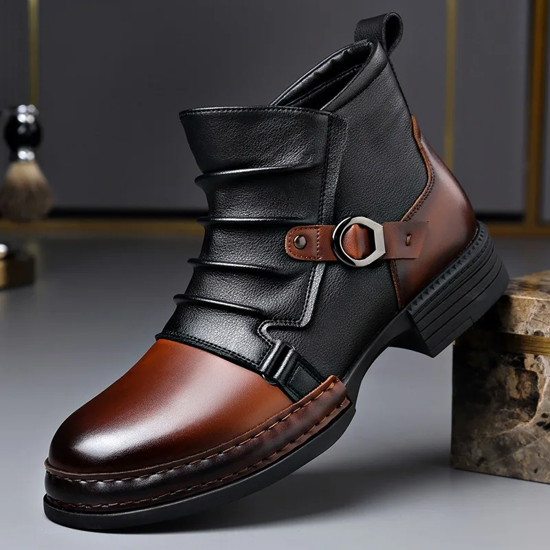 new-men's-color-matching-leather-boots-locomotive-boots-motorcycle-knight-boots-men-shoes