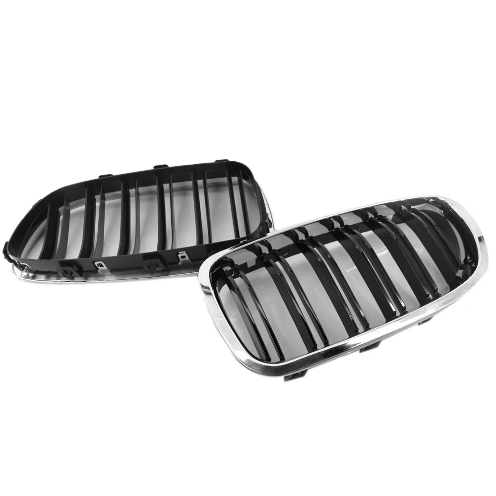 A01K-Car Chrome+Glossy Black Dual Slats Front Kidney Grille Grill For-BMW F10/ F11 M5 535I 550I 528I 4-Door 2010-2017