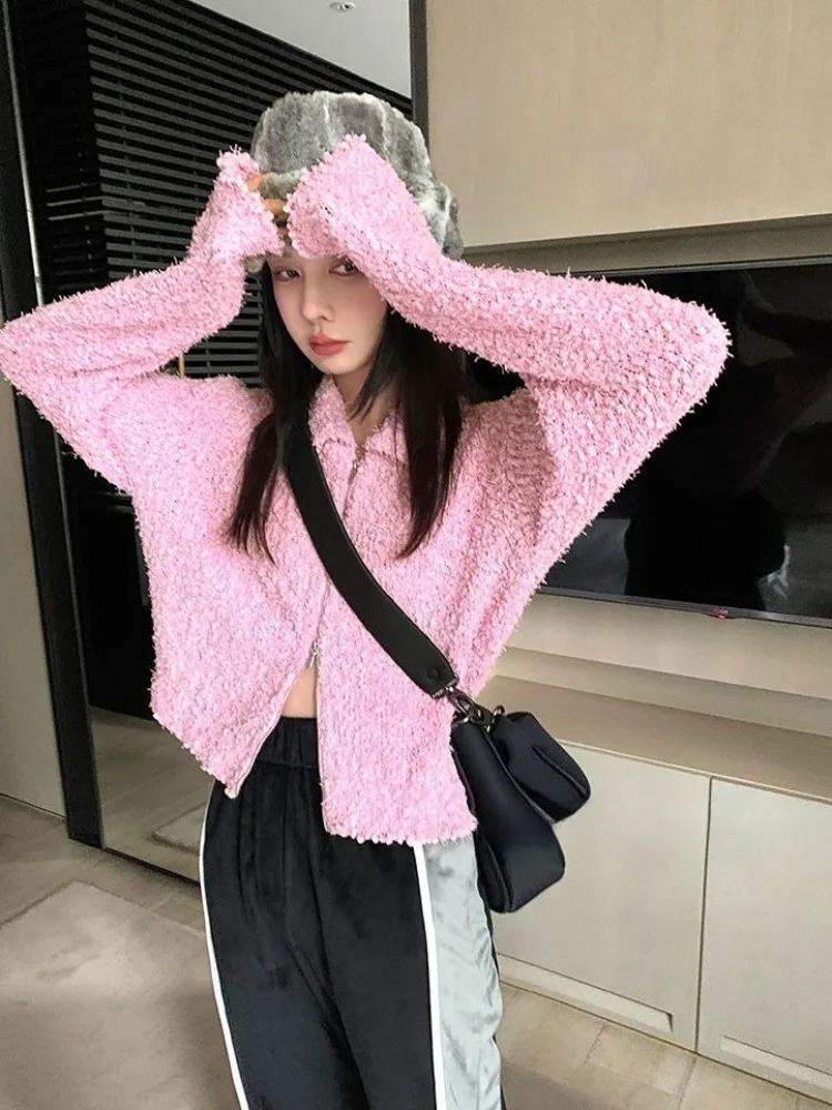 

Harajuku Y2k свитер кардиган женский корейский стиль розовый укороченный вязаный осенний теплый пальто с длинным рукавом черные куртки на молнии