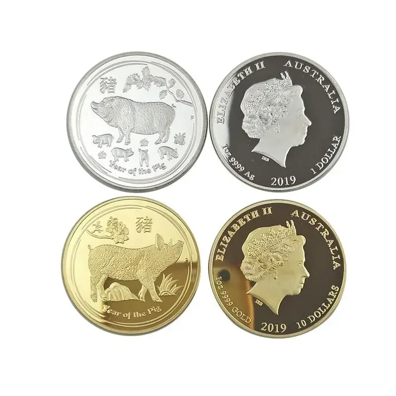 Non magnetic pig 2019 Animal Chinese Zodiac Coins Silver Gold Plated 1 OZ Badge Elizabeth Souvenir Decoration Coin