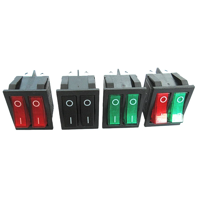 5pcs KCD6 Double-Pole Rocker Switch with Red/Green Indicator Light, 6-Pin, 2-Position Power Switch