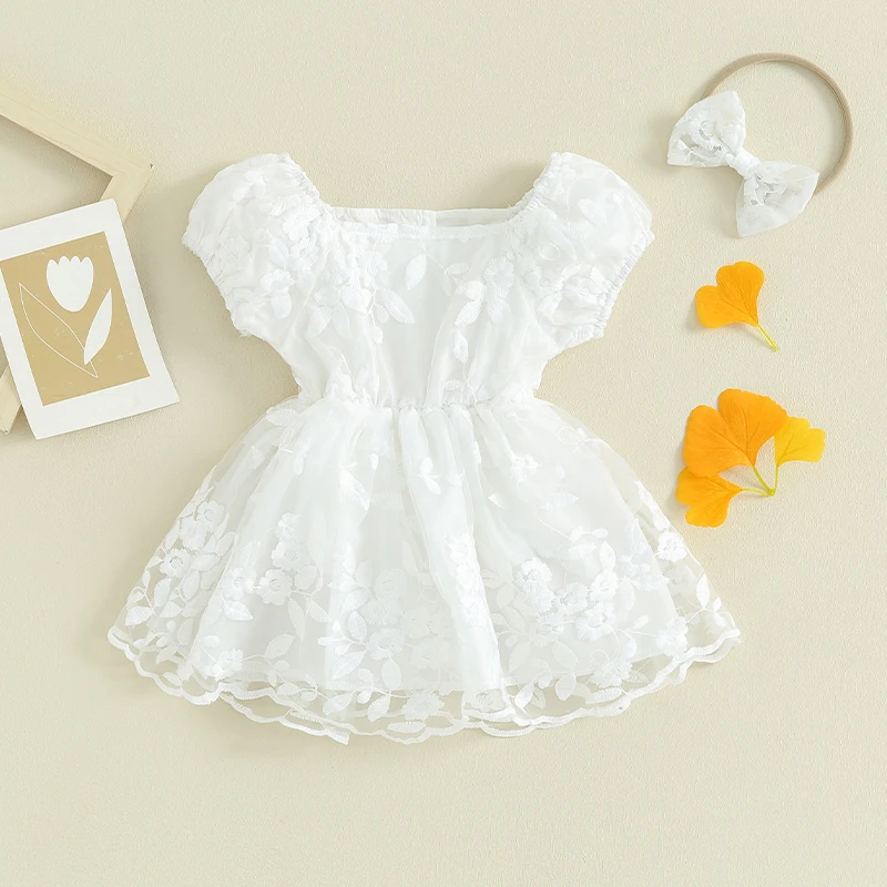 Summer Baby Girls Romper Dress Flower Lace Embroidered Puff Sleeve Tulle Bodysuits with Headband Infant Girls Clothes 0-18M